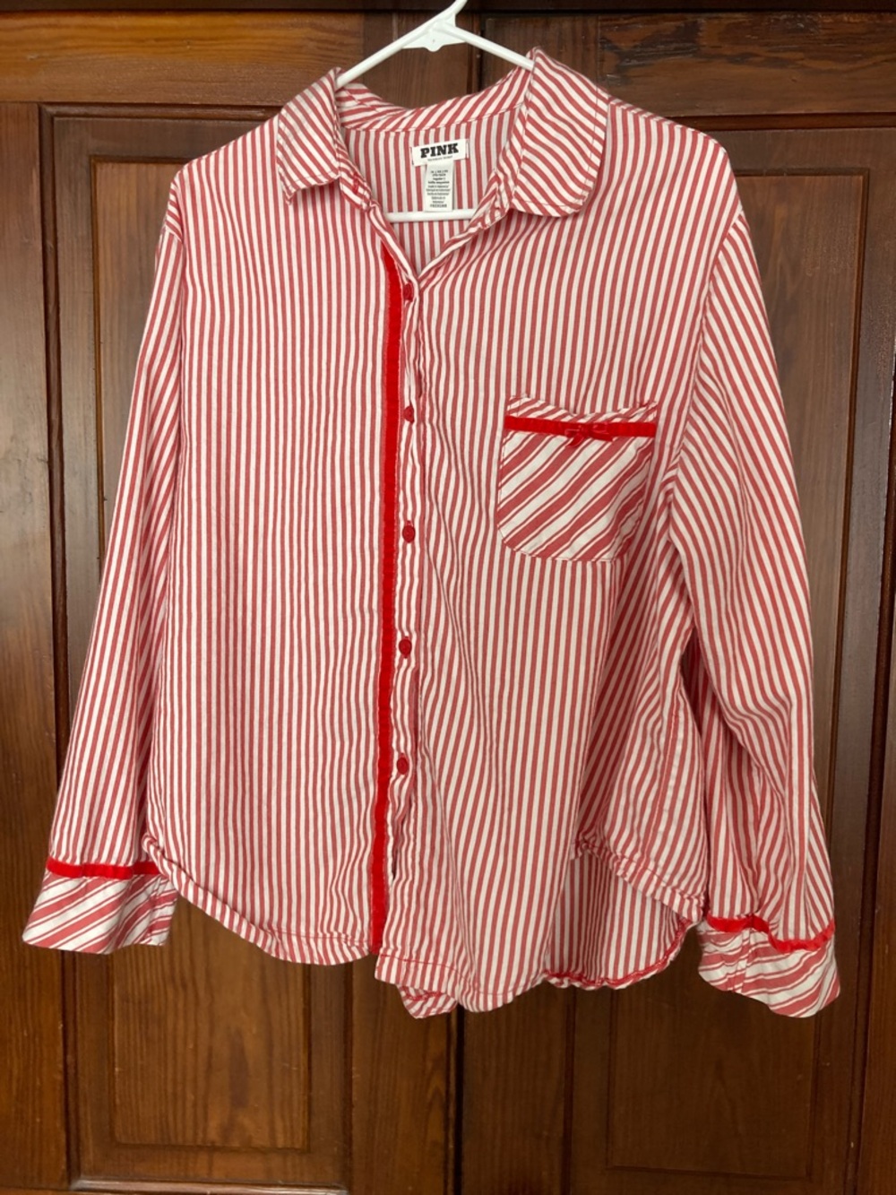 PINK Victoria's Secret Red & White Striped Button-Up Pajama Top